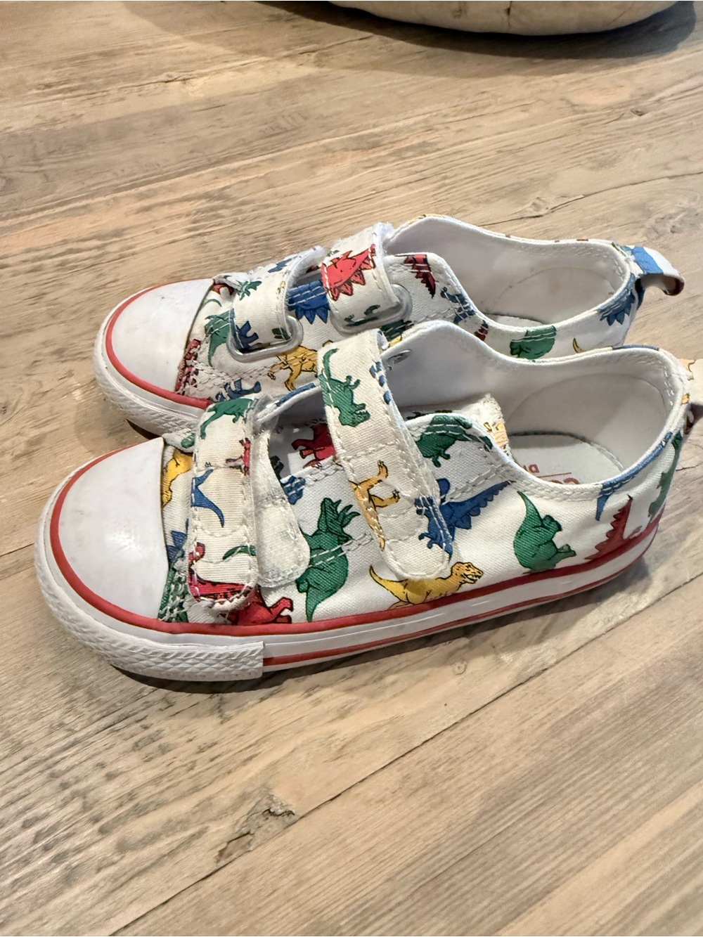 Kids White Canvas Sneakers with Colorful Dinosaur Print